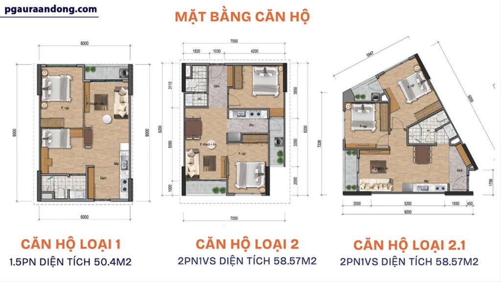 Thiết kế căn hộ 1,5 - 2 phòng ngủ PG Aura An Đồng