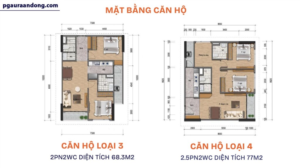 Thiết kế chi tiết căn 2 - 2,5 phòng ngủ tại dự án PG An Đồng